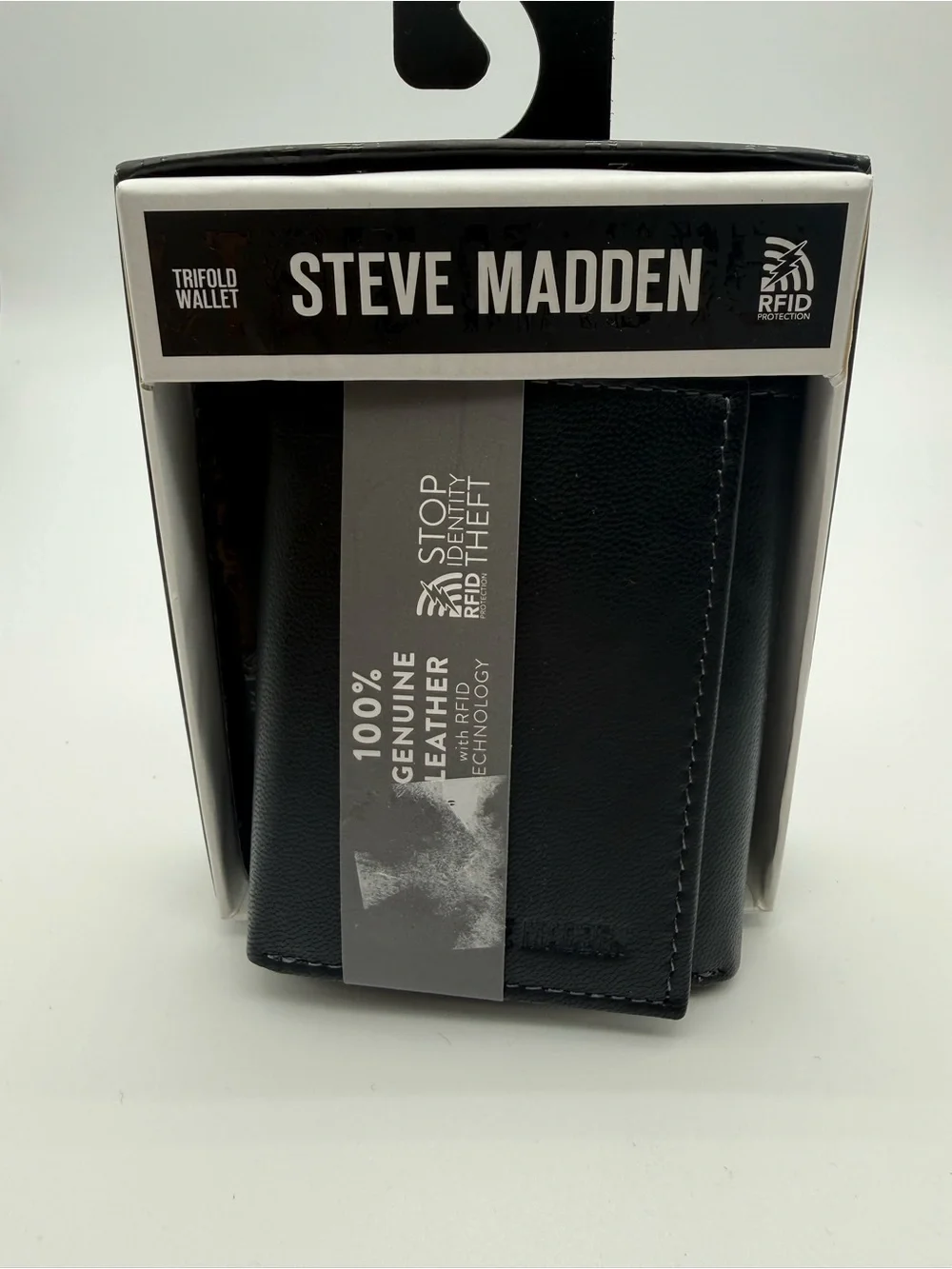 Steve Madden Black Trifold Leather Wallet with RFID Stop Protection